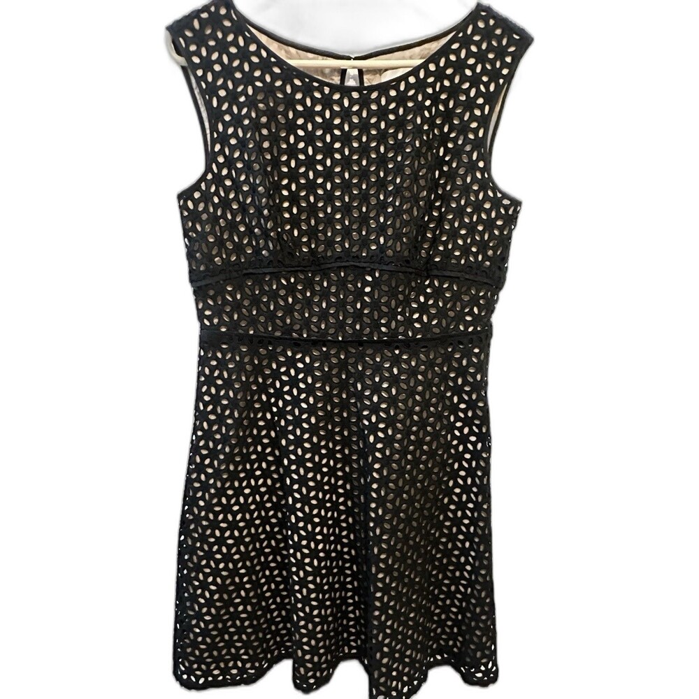LOFT 10P Black Eyelet Dress Nude Lined Fit Flare Scalloped Cotton Petite